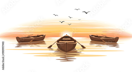 Three rustic wooden rowboats with oars rest on the shimmering golden water surface during a serene sunset featuring silhouetted birds in the sky.