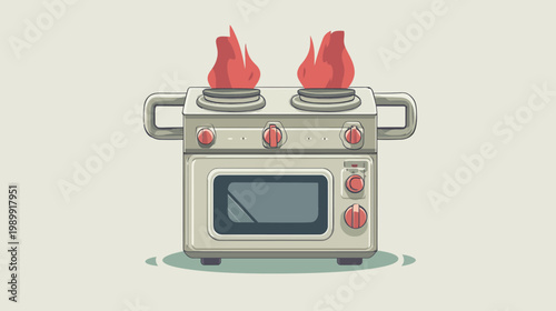 A stylized illustration of a kitchen appliance with burners emitting flames and an oven