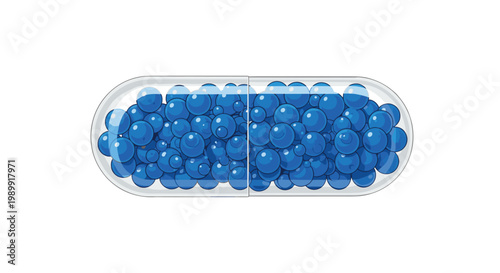 A meticulous medical illustration of a transparent gelatin capsule containing vibrant blue spherical micro-beads set against a pristine white background.