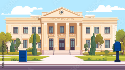 Digitally created illustration of a building in the Greek Revival style, with a blue sky background