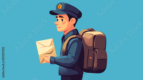 A postal worker, with cap and backpack, carries an envelope on a blue background