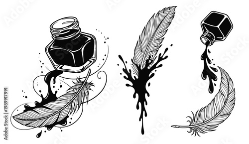Vintage Inkwell and Quill Feather Tattoo Design Set, Collection of Ink Sketches