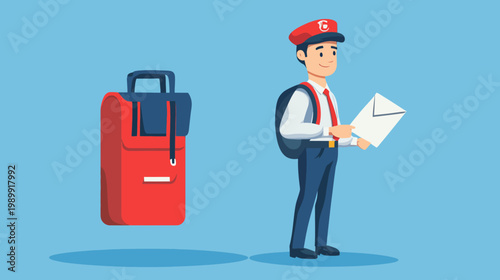 A postal worker, holding an envelope, with a red backpack, on a solid blue background