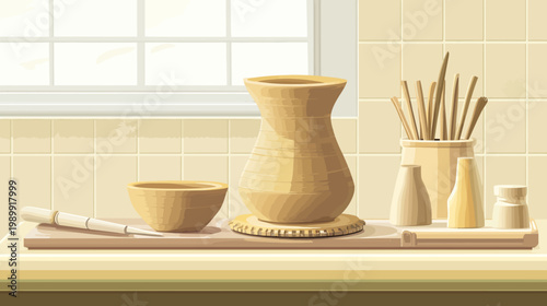 A still-life scene of pottery tools and vessels on a countertop with a window in the background