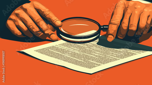 Hands examine a document with a magnifying glass. The scene features a retro art style on an orange background