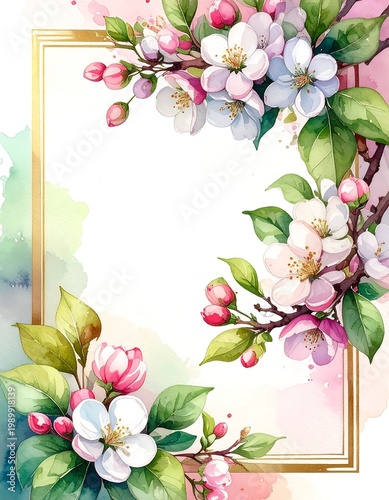 Floral border. Watercolor blossoms, pink buds, green leaves framing gold rectangle on watercolor background
