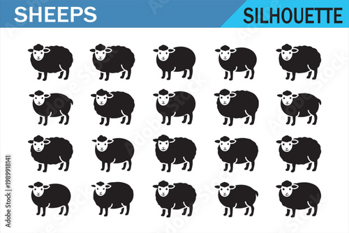 Ovine animal silhouette set with black sheep shapes on white