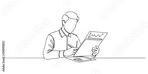 Continuous one line drawing of a person analyzing financial documents with graphs, representing investment research, line art style vector illustration.