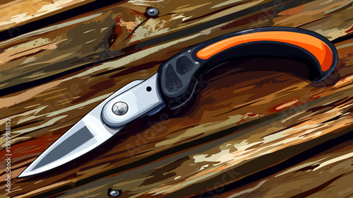 A sharp folding knife with a black and orange handle rests on a wooden surface, showing its blade