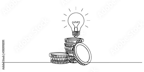 Continuous one line drawing of a stack of coins and a light bulb on top, symbolizing a smart investment idea, line art style vector illustration.