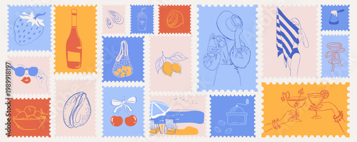Summer mail stamps. Retro frame or border element design with italian food, lemons and wine. Letter mail stamp sticker print, wall art vector travel postcard, summer Mediterranean placard or poster. 