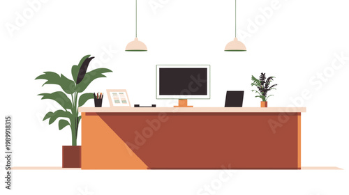A modern minimalist office reception desk with plants, computer monitor, and hanging lights