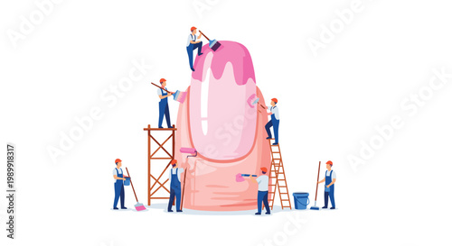 Diligent miniature painters utilize scaffolding and ladders to apply a thick layer of vibrant pink polish to a single massive fingernail in a studio.