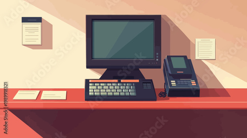 Illustration of a vintage office setup featuring a computer, keyboard, phone, and notepads