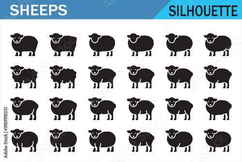 Farm sheep silhouette pack with various standing and walking poses