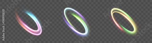Abstract light effect of glowing line, bright swirl moving in circle on transparent background. Light flow speed effect. Vector	