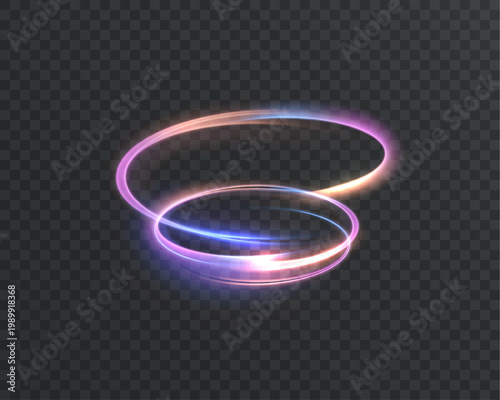 A neon spiral vortex with colorful glowing rings. Vector light funnel effect.
