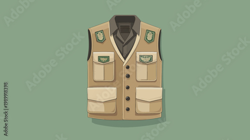 Illustration of a tan safari vest with pockets and green patches, on a muted green backdrop