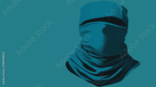 Digital teal rendering of a head and neck covering with shadowed creases