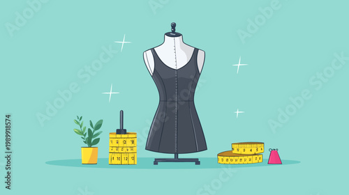 A fashion illustration featuring a dress form, dress, measuring tapes, plant, and simple design