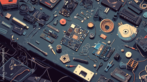 A detailed digital illustration of various electronic components and tools arranged on a work surface