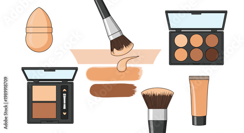 A collection of professional makeup cosmetics including eyeshadow palettes and soft brushes are displayed with smooth liquid foundation swatches on white.