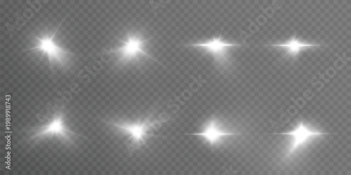 White light explodes on a transparent background. Bright star. Transparent shining sun, bright flash. Vector graphics.