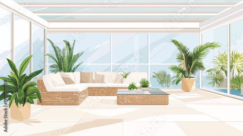 Illustration of a light-filled conservatory with a wicker couch, glass table, and lush potted plants