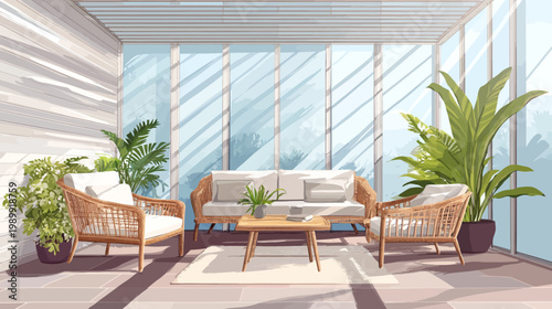 Sunlit, cozy, interior scene featuring wicker furniture, lush plants, and large windows