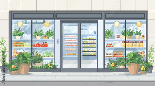 Illustration of a small market, showcasing fresh produce, plants, and various items behind glass doors