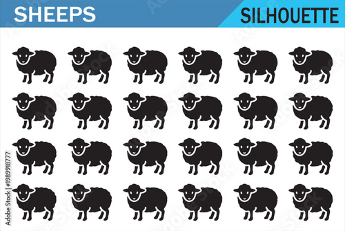 Sheep silhouette collection with multiple farm animal poses on white background