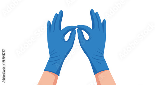 Two hands clad in vibrant blue nitrile gloves make a symmetrical circular gesture with their fingers against a pristine and minimalist white background.