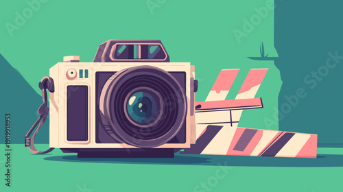 Stylized illustration of a vintage camera and movie clapper board set against a green backdrop