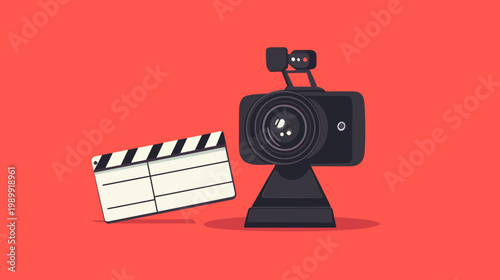 A stylized illustration featuring a professional video camera and a clapperboard on a red background