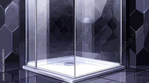 Illustration of a modern glass shower enclosure with dark gray hexagonal tile walls and floor