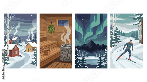 Scandinavian winter vector set: village houses, wooden sauna, northern lights, and cross-country skiing.