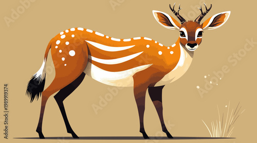 Digitally rendered illustration of a charming deer with brown fur, white spots, and elegant antlers