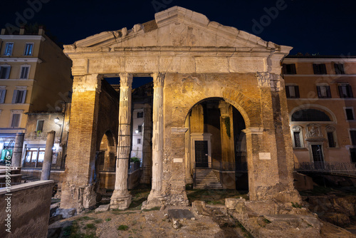 Portico of Octavia ruins at night - Rome, Italy