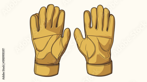 Illustration of two yellow work gloves, one fist and one open palm. Solid background