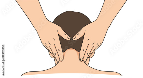 A top-down view shows two hands applying therapeutic pressure to the back of a person's neck and head during a relaxing professional massage session.