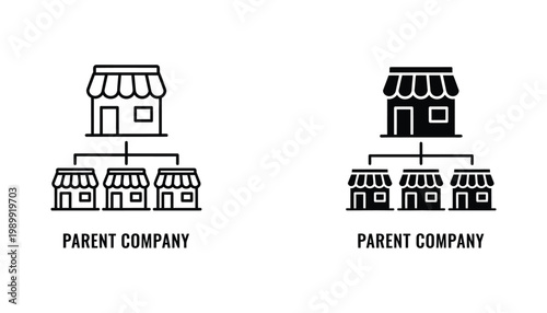Corporate structure diagram showing parent company with multiple branch stores for business organization and franchise hierarchy