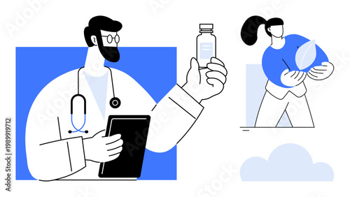 Medical care, environmental conservation, wellness, health awareness, pharmaceutical development, futuristic healthcare. A doctor holding medicine and a woman with a plant. Medical care