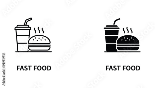 Outline and solid black fast food icon set featuring a hamburger and drink representing quick meal options and takeout concepts