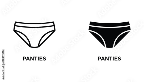 Outline and solid black women's underwear icon set representing intimate apparel and lingerie design elements for fashion concepts