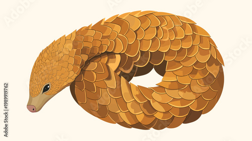 Digitally rendered illustration of a pangolin, coiled in a circle, isolated on a simple background