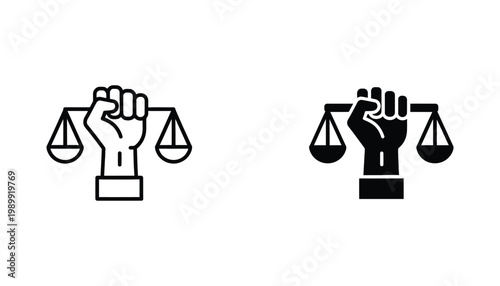 Justice icon set featuring hand raised in fist holding balance scales of justice in outline and solid black graphic styles for legal law and civil rights advocacy branding