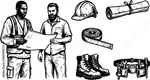 Black and white line art two construction workers reading blueprint with helmet and tools