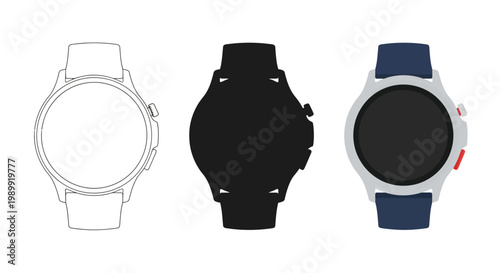 Three variations of a modern smartwatch design shown in different styles