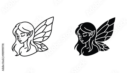 Fairy profile icon set featuring whimsical winged creature with long hair and pointed ears in minimalist line art and solid black silhouette styles for fantasy design projects