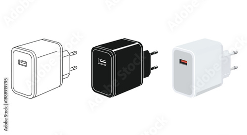 Three different colored usb wall chargers displayed in a row